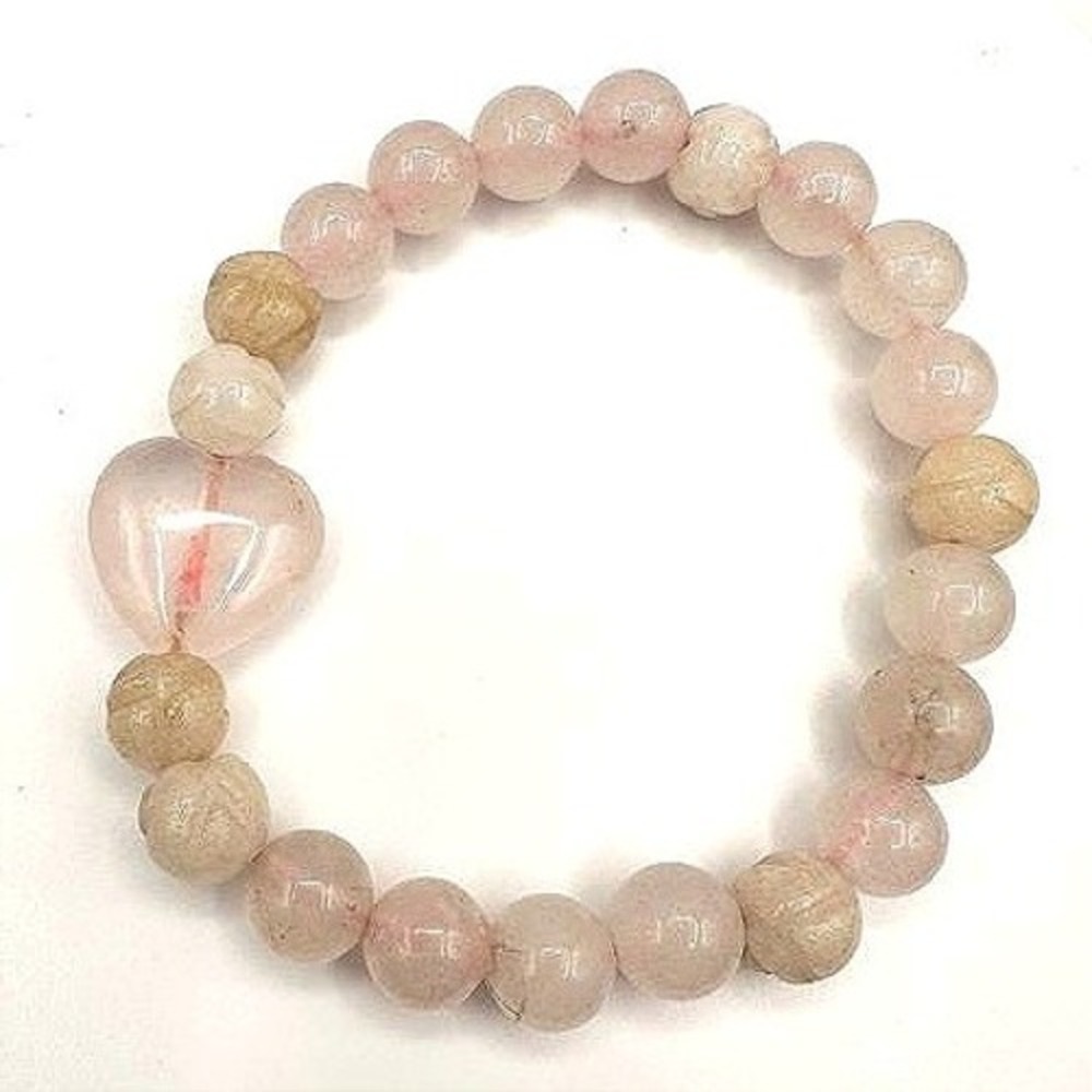 Vintage Y2K Pink Rose Quartz Beaded Stretch Bracelet Heart Charm Women's Jewelry